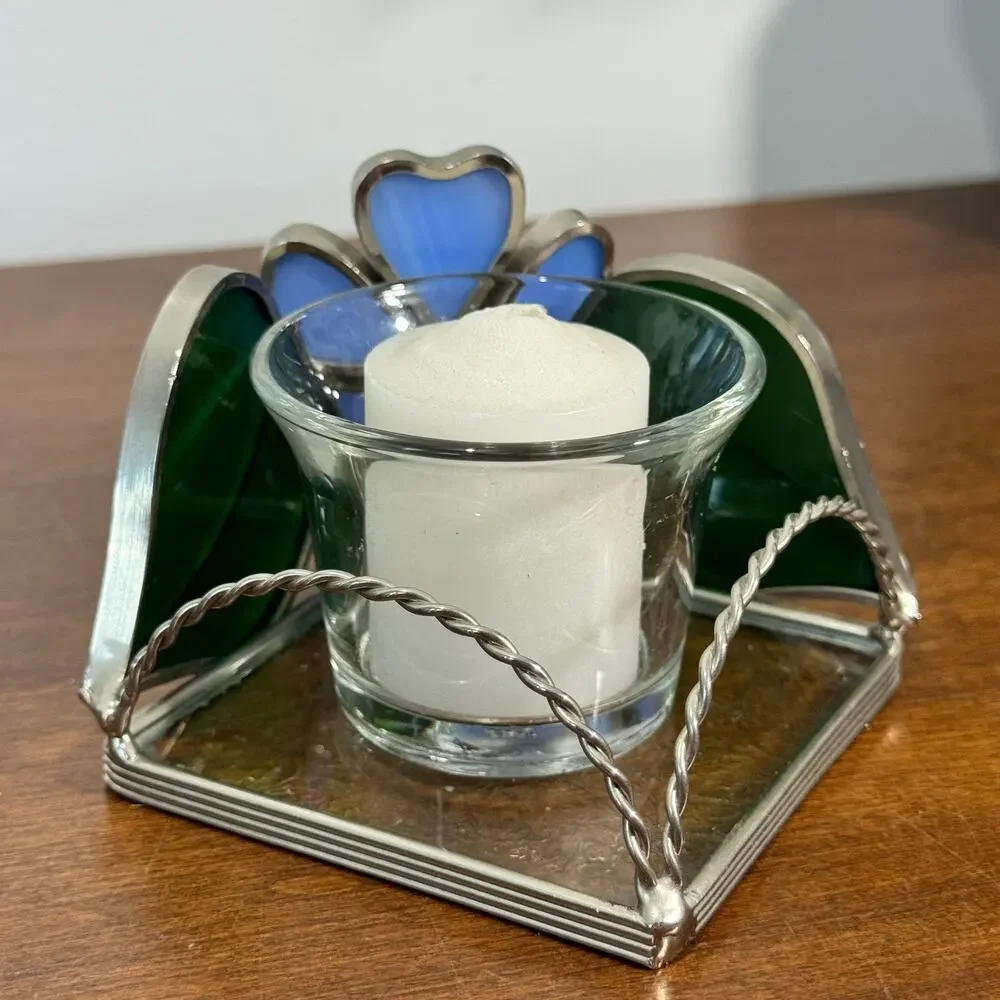 Stained Glass Tealight Votive Handle Holder Blue Green
